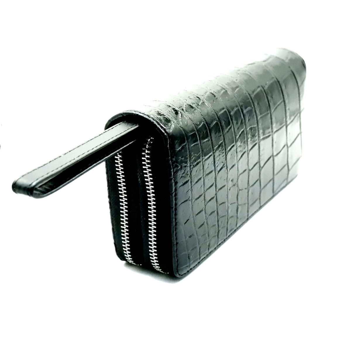 EXSOOTTI New Black Alligator Crocodile Leather Belly Soft Skin Women Double Zipper Clutch Wallet.