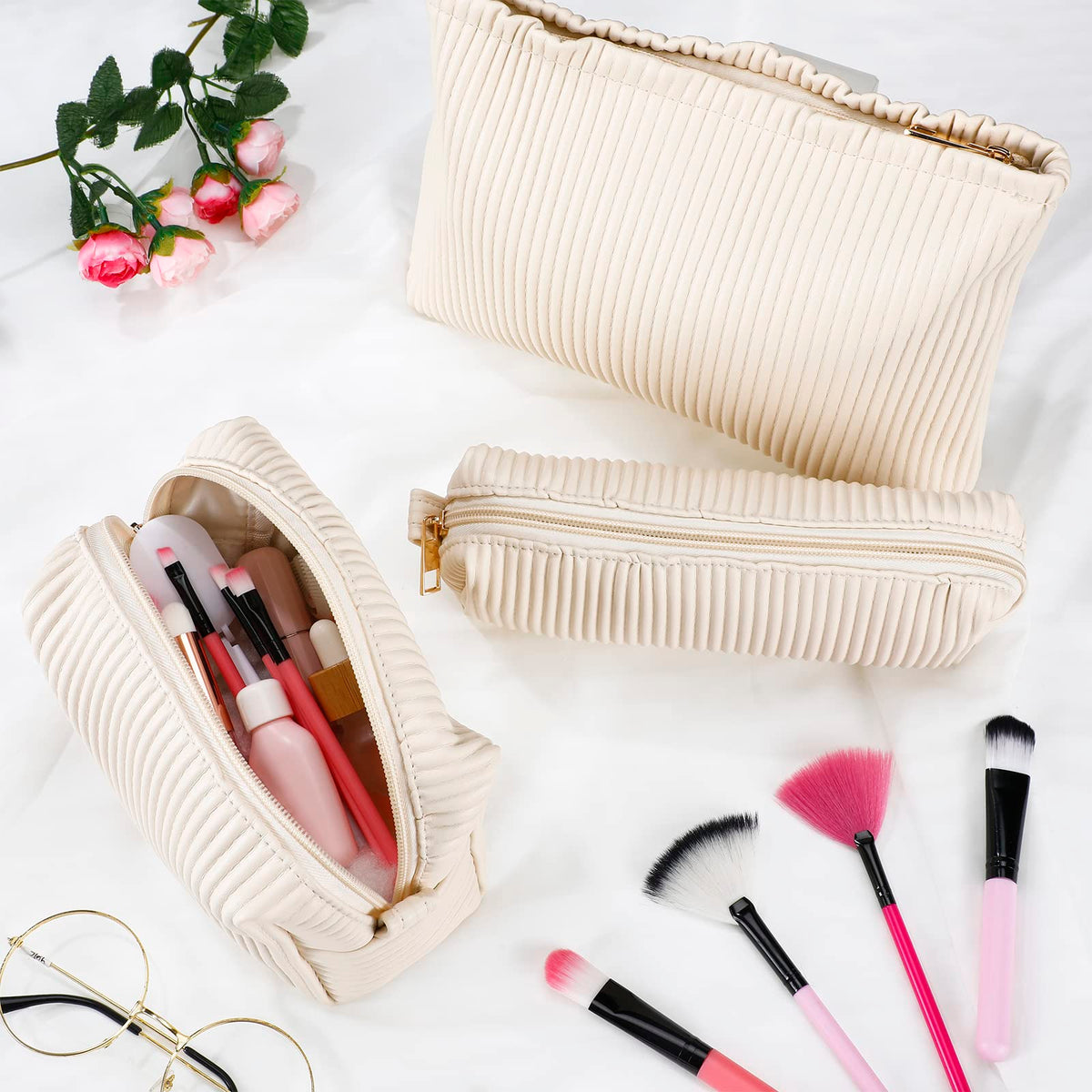 Talltalk 3 Pcs Cosmetic Makeup Bag for Women Portable Travel Toiletry Cosmetic Pouch Cute Bag Accessories Brushes Storage Organizer for Daily Use, 3 Sizes(Pu Leather,Elegant)