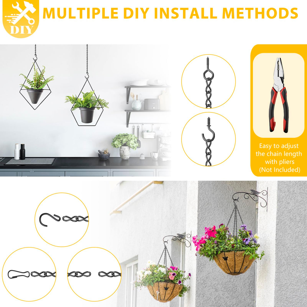 garini Hanging Basket Chain,200 Inch Metal Black Hanging Chain with S Hooks for Hanging Plants, Photo, Lantern, Billboards and Planters