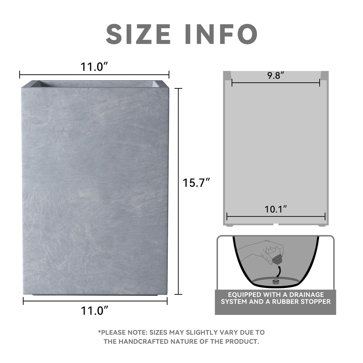 Kante 15.7" H Tall Rectangular Concrete Planters, Outdoor Indoor Lightweight Plant Pots with Drainage Hole and Rubber Plug, Modern Style for Home Garden Patio, Slate Gray