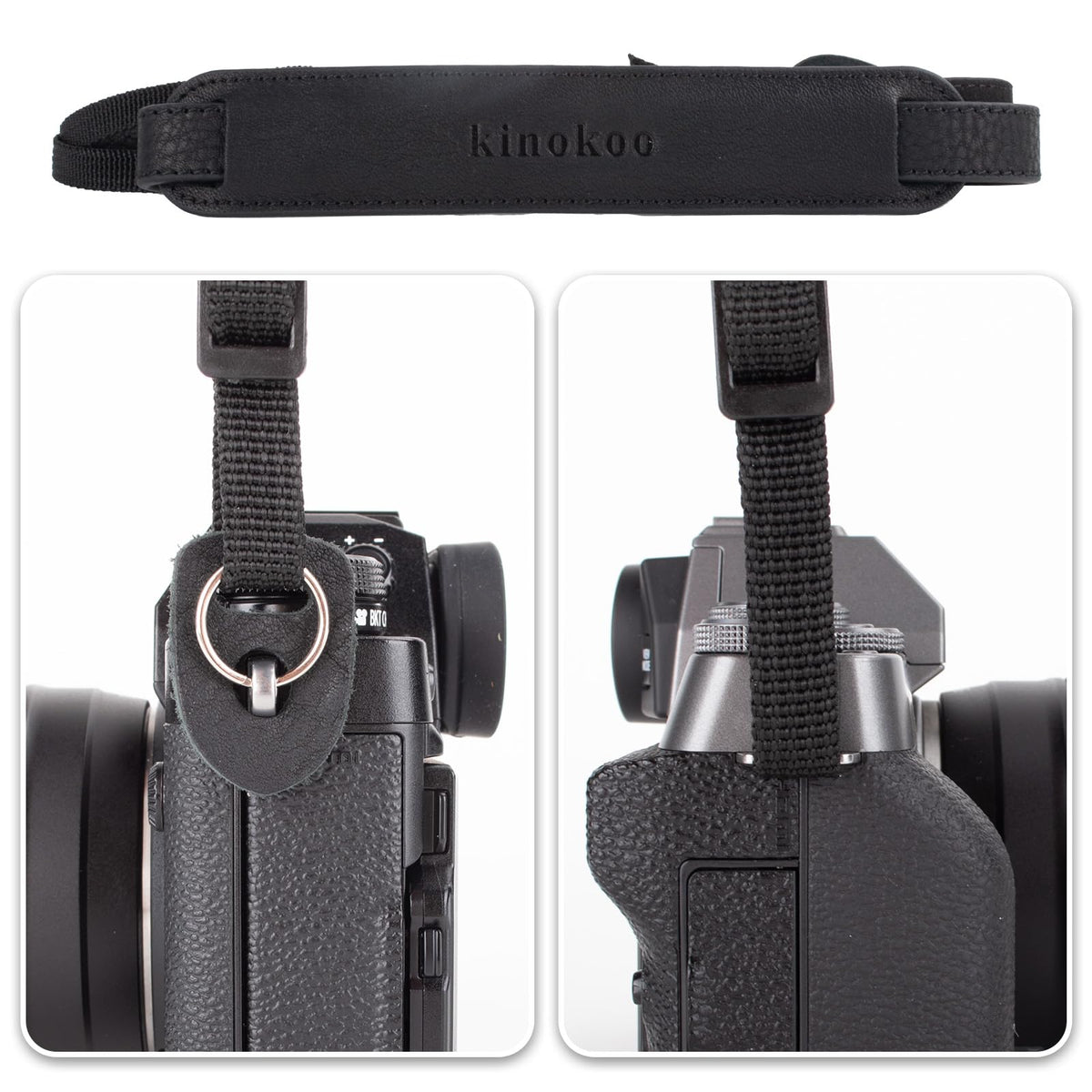 MUZIRI KIINOKOO Camera Strap Genuine Leather with Nylon Belt - Adjustable Shoulder Neck Strap Comes with Triangular Rings for Most of Digital Cameras- Length 90cm to 140cm - Black