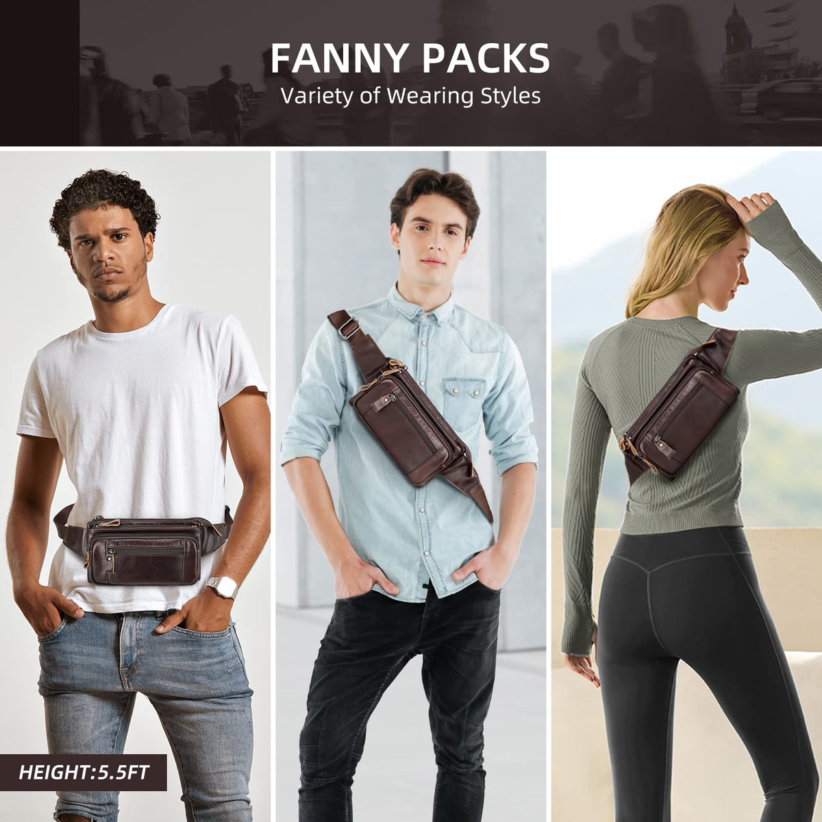 HUMERPAUL Leather Fanny Pack for Men Women, Fashion Waist Packs Small Crossbody Chest Bag with Adjustable Belt for Outdoor Travel Hiking Cycling