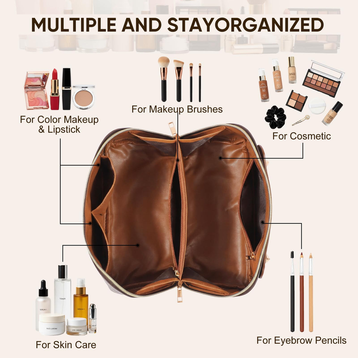BAYANKALA Leather Travel Makeup Bag, Large Capacity Cosmetic Bag for Women, Waterproof Portable Pouch with Divider, Toiletry Organizer with Handle, 10.5x5x5 Inches, Deep Brown