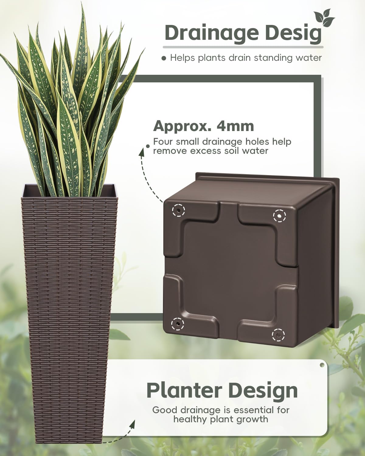 Acurax 32 Inch Tall Plastic Planters(Set of 2), Detachable Inner Pot & Drainage Holes, Outdoor Decorative Flower Pots for Large Plants, Trees, Patio, and Garden, Brown