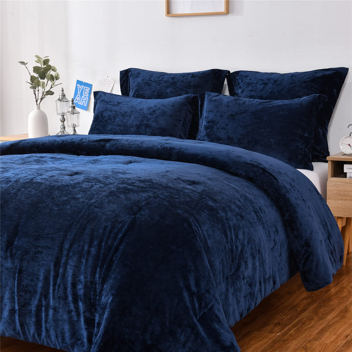 Sunshine Nicole Distressed Velvet Comforter Set, Distressed Velvet Face and Brushed Solid Microfiber Reverse, with Light Weight Soft Poly Fill, 5 Pieces Navy, King
