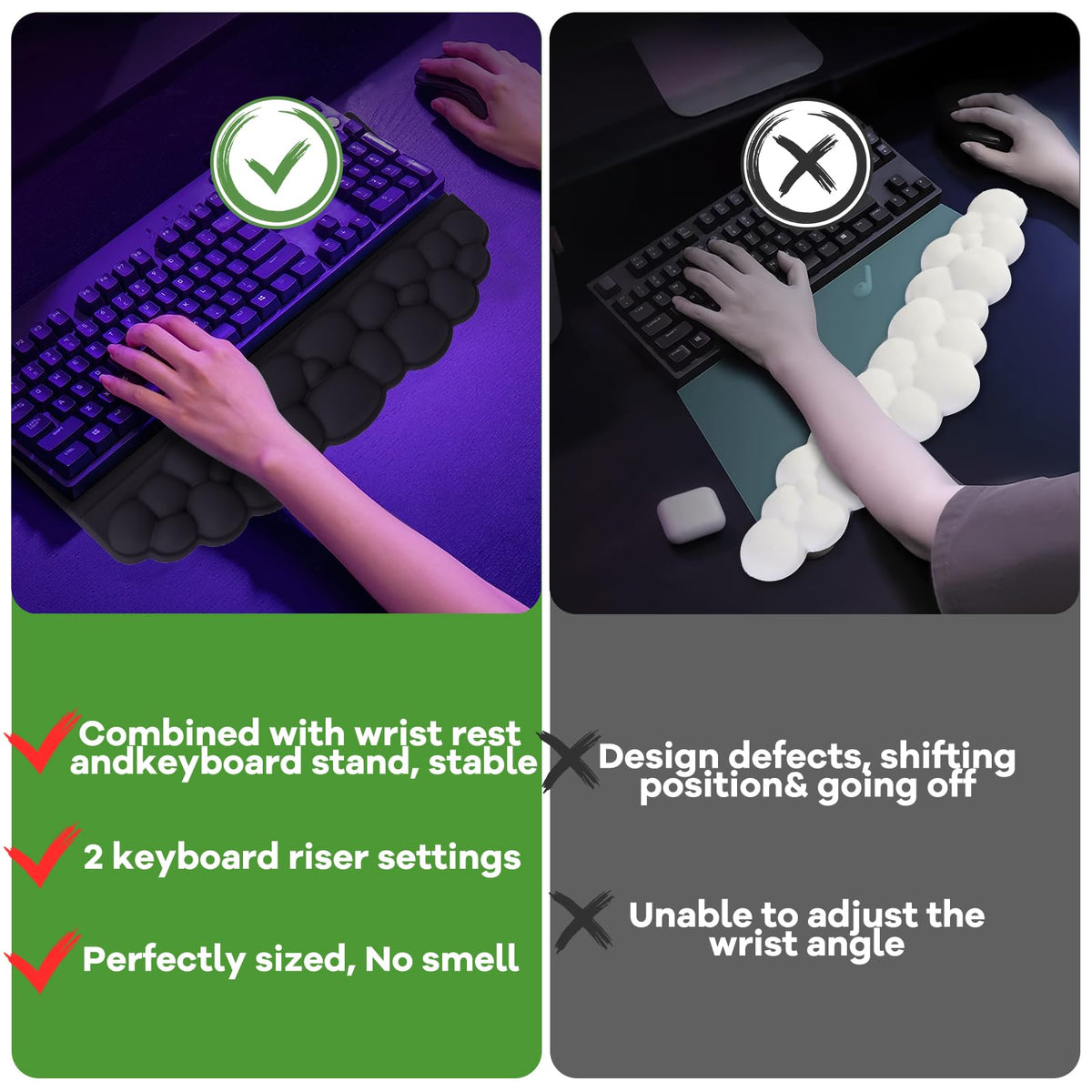 Ergonomic Wrist Rest for Keyboard and Mouse, Soft Memory Foam Cloud Keyboard Stand Pad with Wrist Rest Set with Non-Slip Silicone Base, Easy Typing, Pain Relief, Comfort for Office, Work, Gaming Black