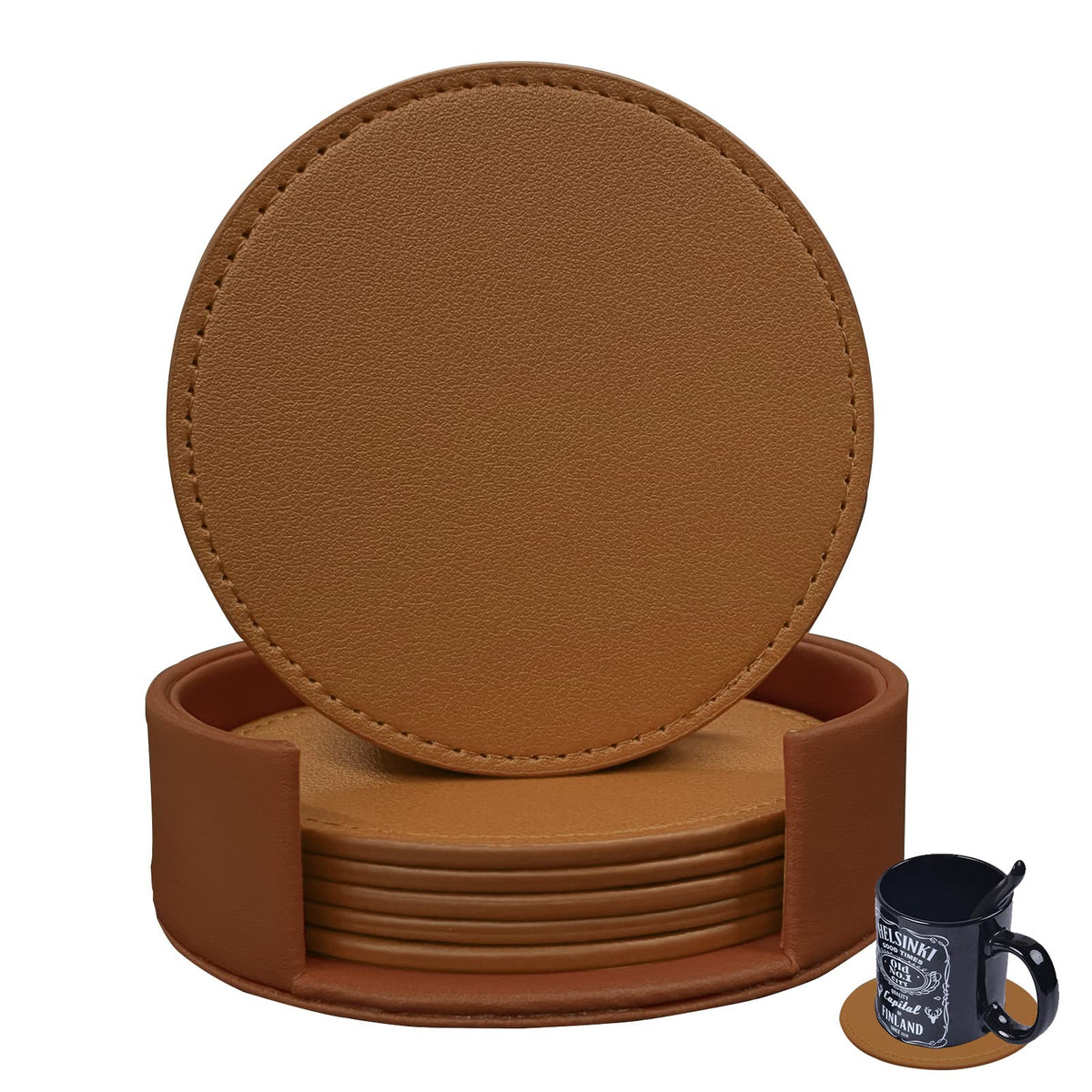 KEMMPER Coasters Set of 6 Soft Leather Drink Coaster Round Coaster with Sewing Around, Suitable for Various Cups, Wooden Tables,Home Decoration,4 Inches(Brown)