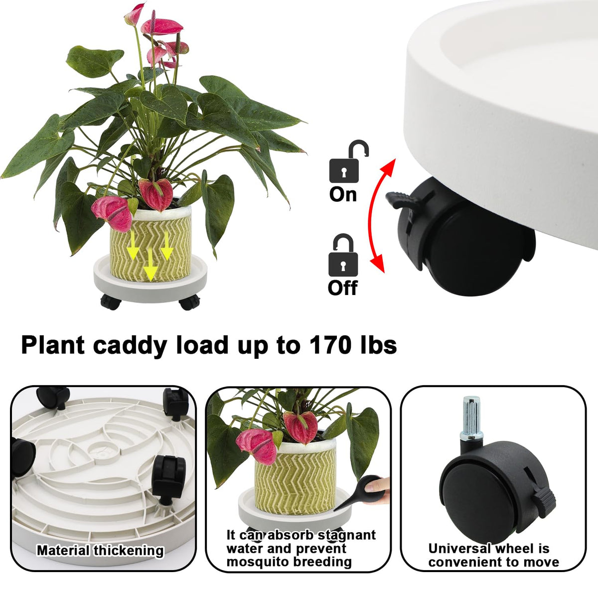 RUENXG 2-Pack 13" Heavy Duty Plant Caddy with Lockable Wheels, Industrial-Grade Rolling Plant Stand for Indoor/Outdoor Potted Plants, Flower Pots & Garden Decor - White