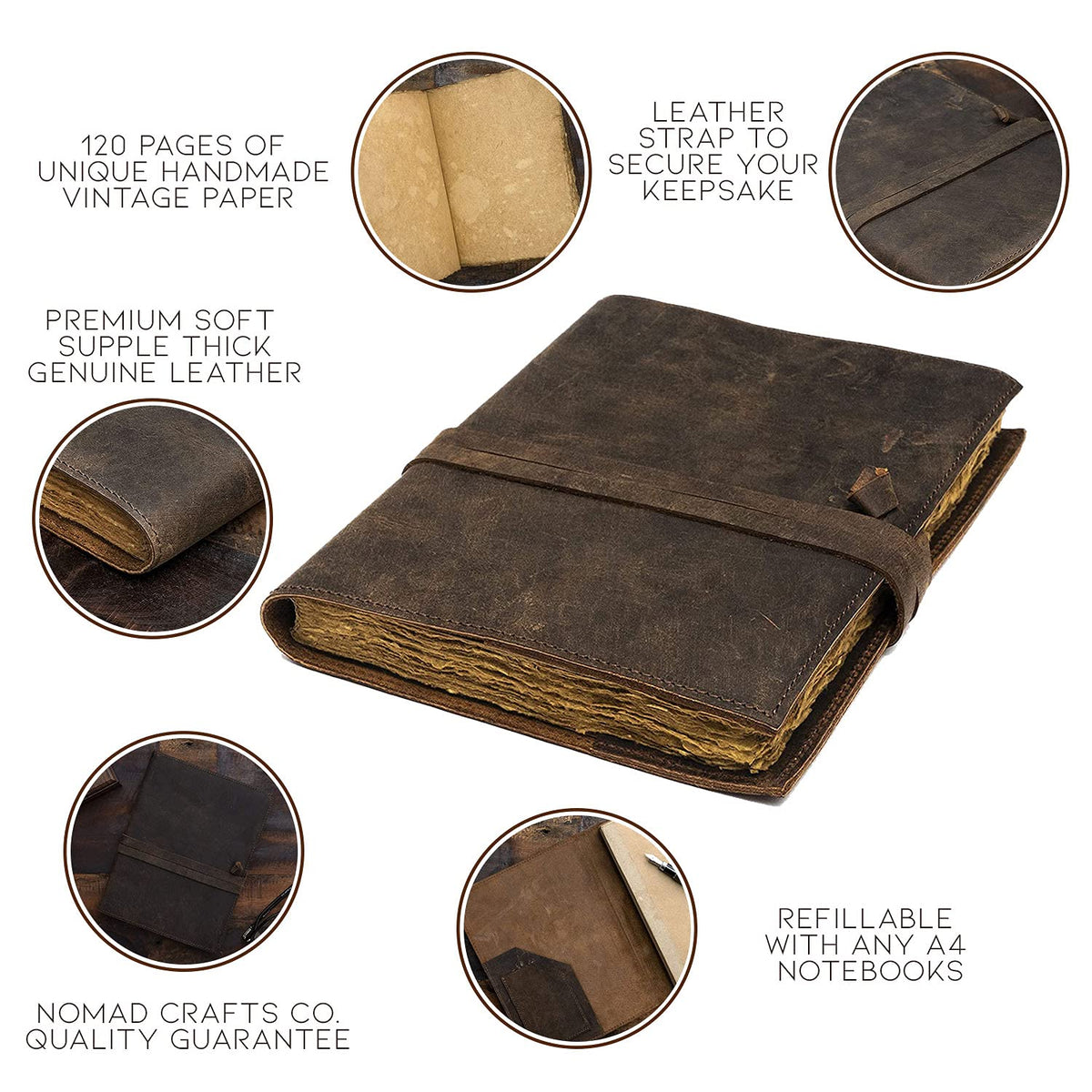 Refillable Vintage Leather Journal - Book of Shadows Journal, Vintage Journal, Writing Journal, Handmade Antique Deckle Edge Paper, Vintage Leather Journal (8.3" x 5.8" - A5, Vintage Brown)