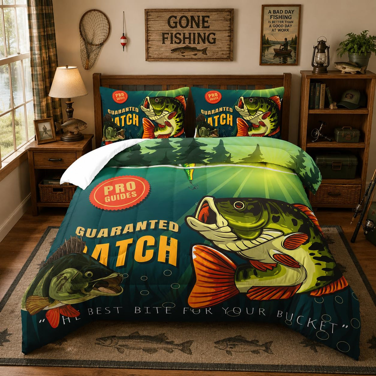 Nttopship Big Pike Fish Comforter Sets, Hunting and Fishing Pattern Bedding Set Twin Size for Kids,Fishing Underwater Animals Bedding Sets All Season 1 Comforter and 2 Pillowcases