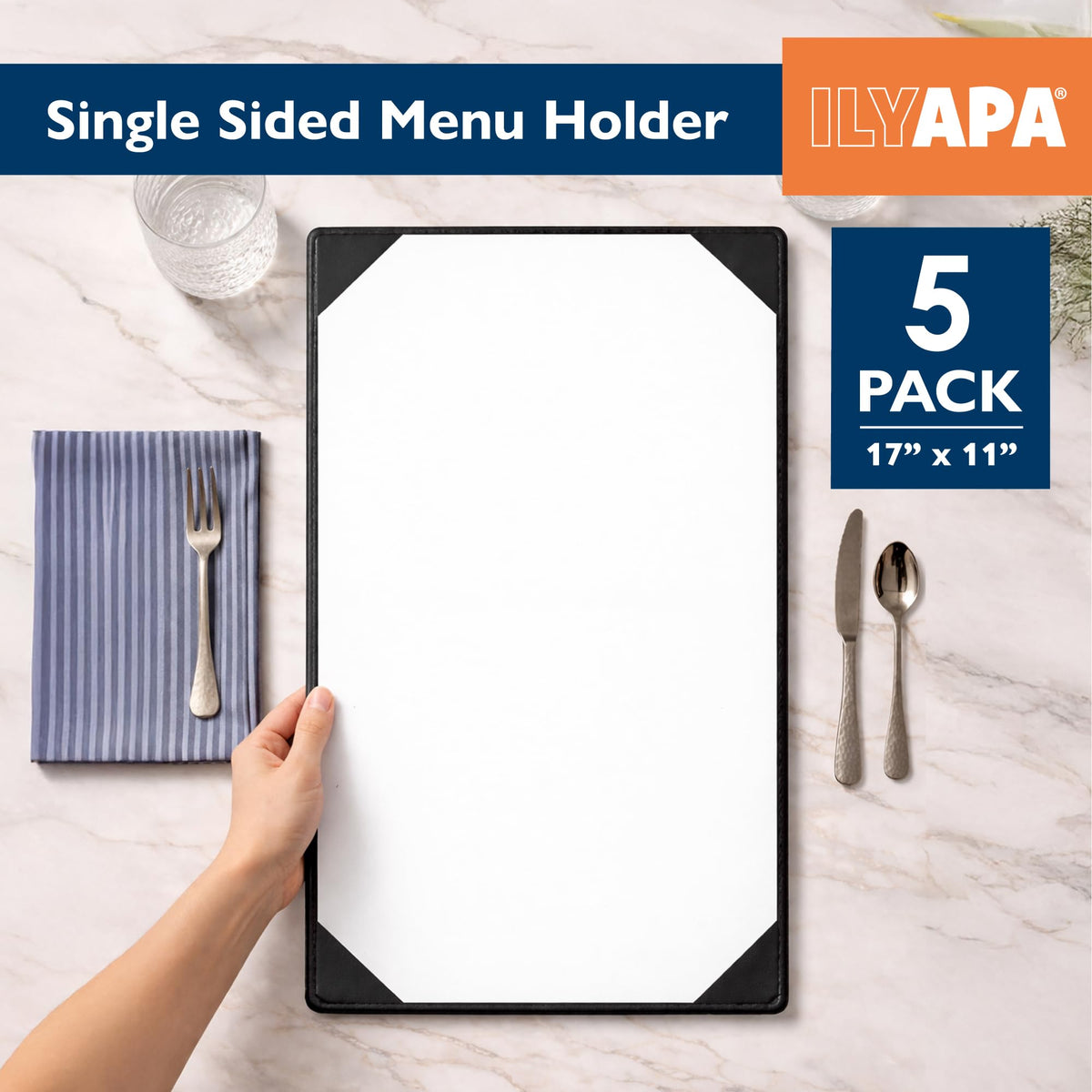 Ilyapa 5 Pack Restaurant Menu Covers 11 x 17 - Vinyl Leather Menu Holder, Single Sided Book with Corner Sleeves for Display of Wedding Menus, Weekly Kitchen Specials & Bar Drinks for Table Top