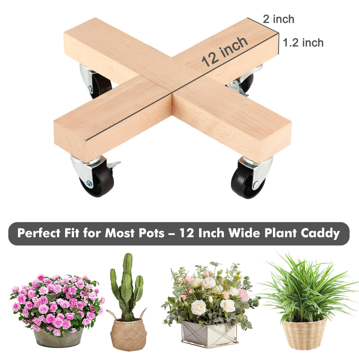 lucpur Wooden Plant Caddy with Wheels 12 Inch Rolling Plant Stand on Wheels Heavy Duty Plant Dolly for Large Plants Plant Roller with Wheels Planter Wheels Base Indoor & Outdoor