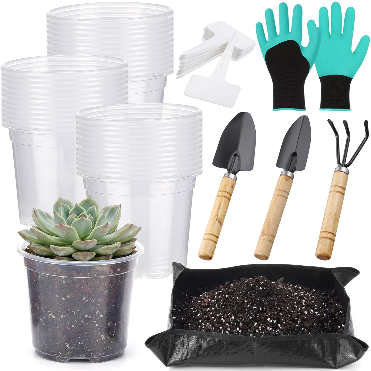 Yiyiring 83 Pcs Garden Supplies Tools Kit, 4 Inch Clear Plastic Plant Pots with Transplanting Mat, Trowel Cultivator Rake Set, Label & Glove, Succulent Tools Gift for Plant Lovers Accessory