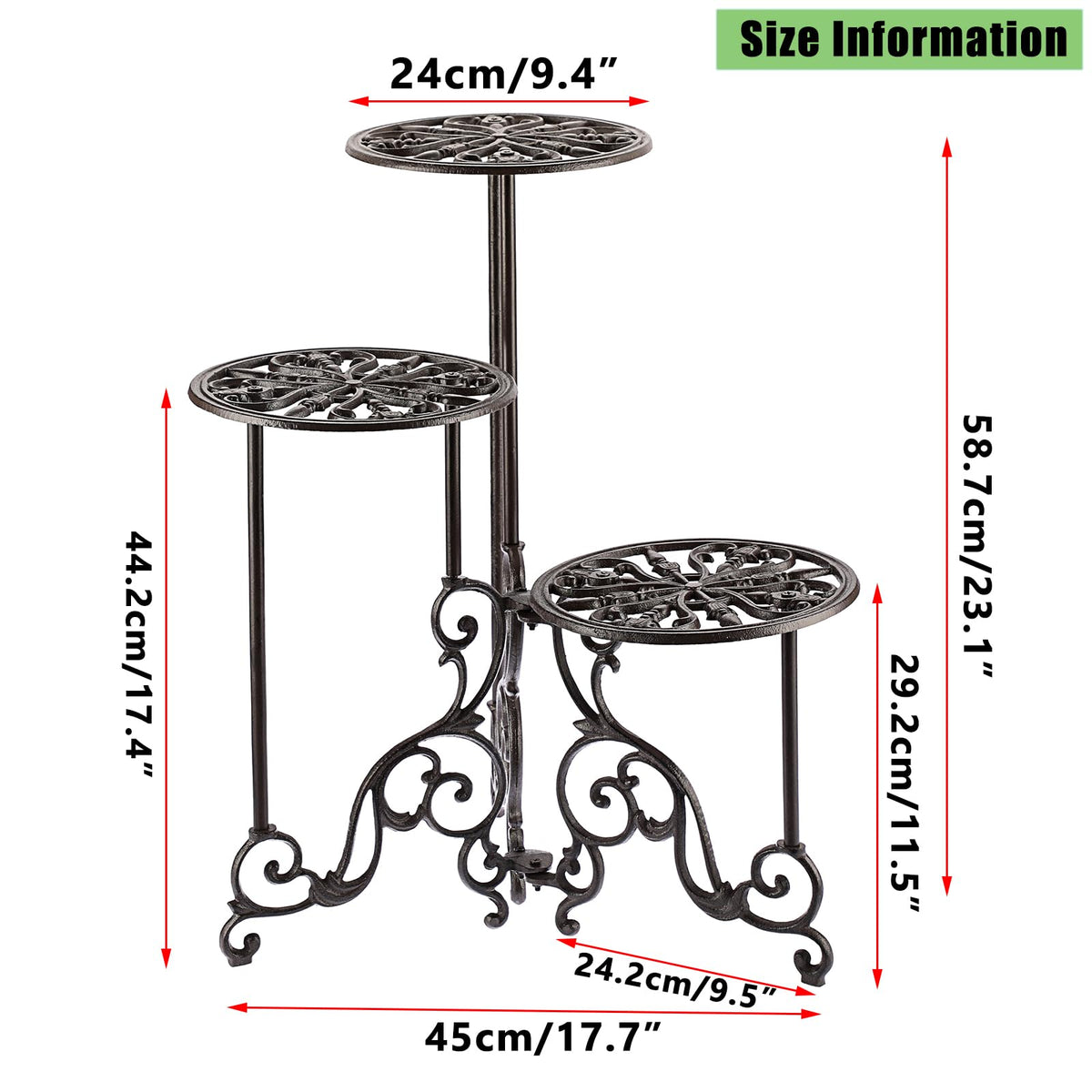 OwnMy 3 Tier Heavy Duty Cast Iron Plant Stand Foldable Wrought Iron Flower Pot Holder, Indoor Outdoor Tall Plant Stand Shelf for Garden Patio, Decorative Round Metal Plant Display Rack, Retro Brown