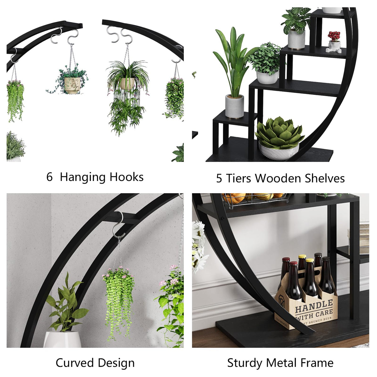GarveeLife Plant Stand Indoor 5 Tier Tall, Metal Half Moon Plant Shelf 2 Pack, Stylish Tiered Flower Rack for Multiple Plants Display, Tall and Space-Saving Design