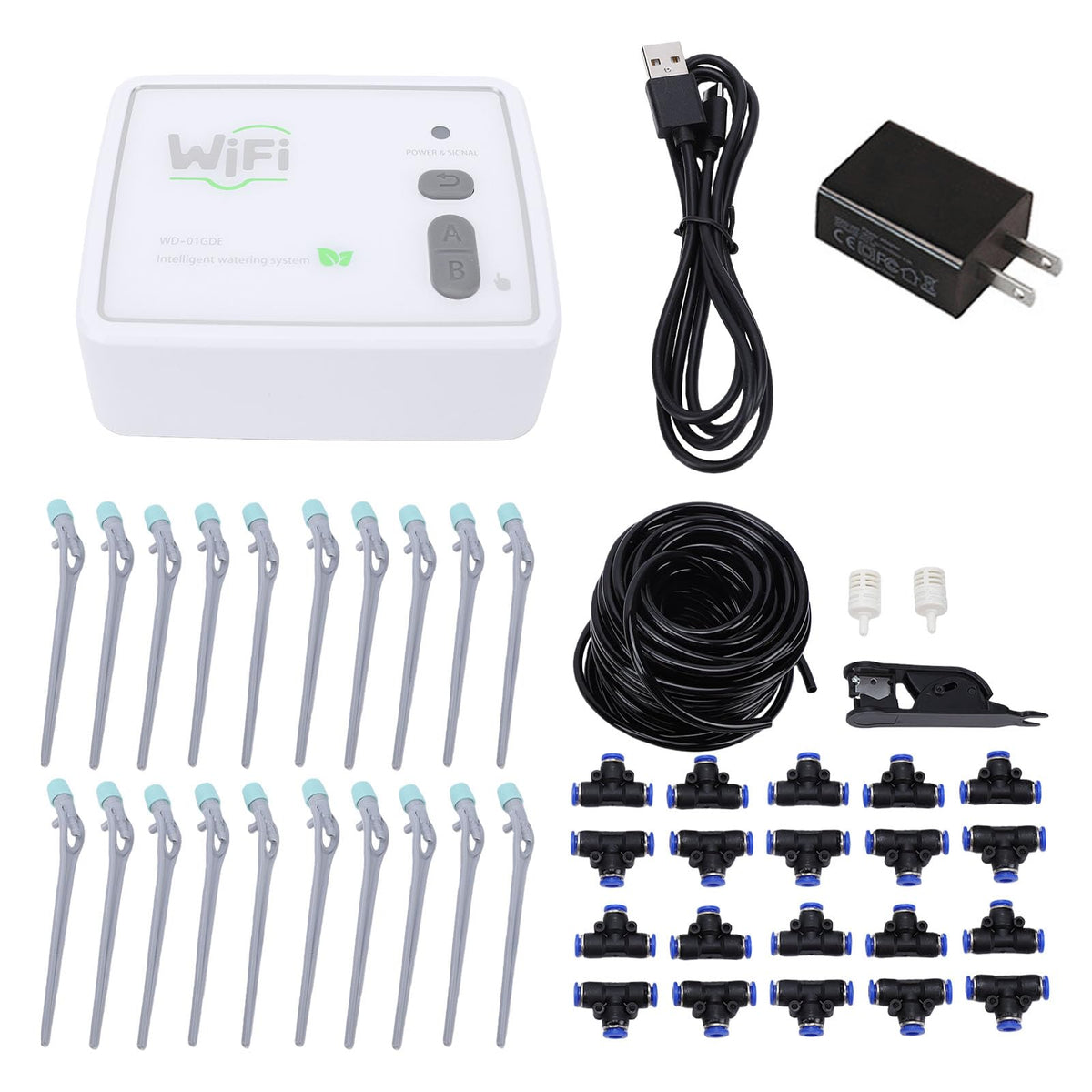 EVGATSAUTO Automatic Drip Irrigation Kit APP Control Drip Watering System with Timer Adjustable Drippers 15M Pipe for 20 Potted Plants (US Plug)