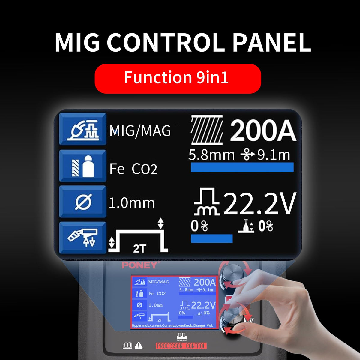 PONEY 200Amp Double Pulse MIG Aluminum Welder 9 in 1 MIG/MAG/FLUX/MIG Synergy/Single Pulse MIG/Double Pulse MIG/TIG LIFT/Spot Welding/MMA 220V Multi Process Welding Machine with LCD Digital Display