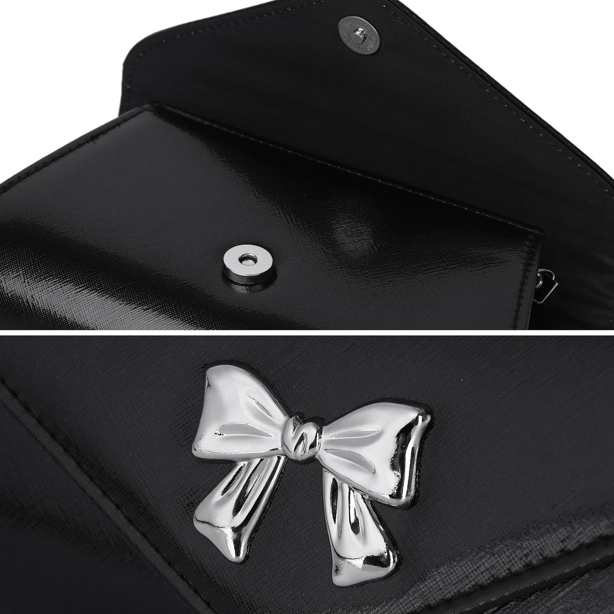 Gurina Evening Clutch Purse for Women with Bow Detail, Elegant PU Leather Shiny Party Bag with Detachable Chain Wedding Prom Handbag (Black L70)