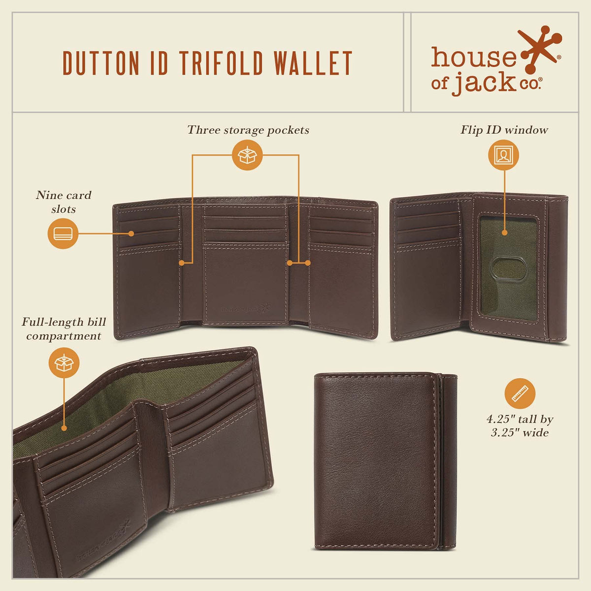 House of Jack Co. Dutton Men’s Leather Trifold Wallet, RFID Blocking Wallet with Flip-Out ID Window, Full Grain Cowhide Wallet, Extra Card Storage, Brown