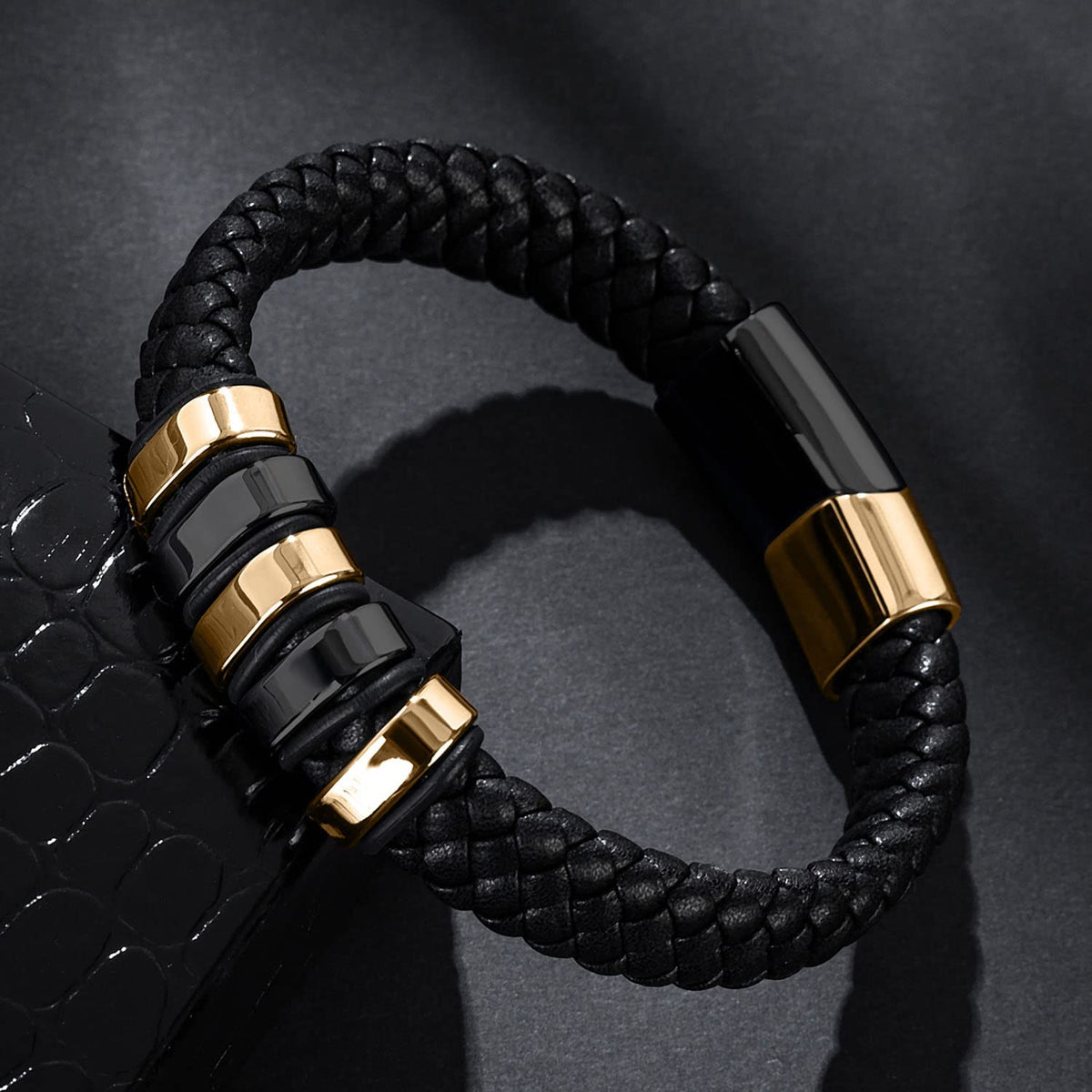 LJWVX Mens Black Leather Bracelets, Braided Leather Wristband CuffBracelet for Men, Gift for Dad