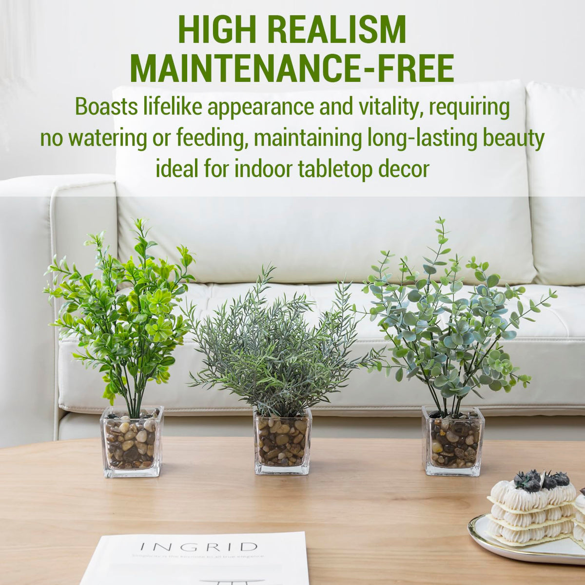 MyGift Artificial Rosemary Eucalyptus and Boxwood Plants Potted in Clear Glass Square Pots, Assorted Faux Greenery Indoor Home Table Centerpiece Office Desk Decor, 3 Piece Set