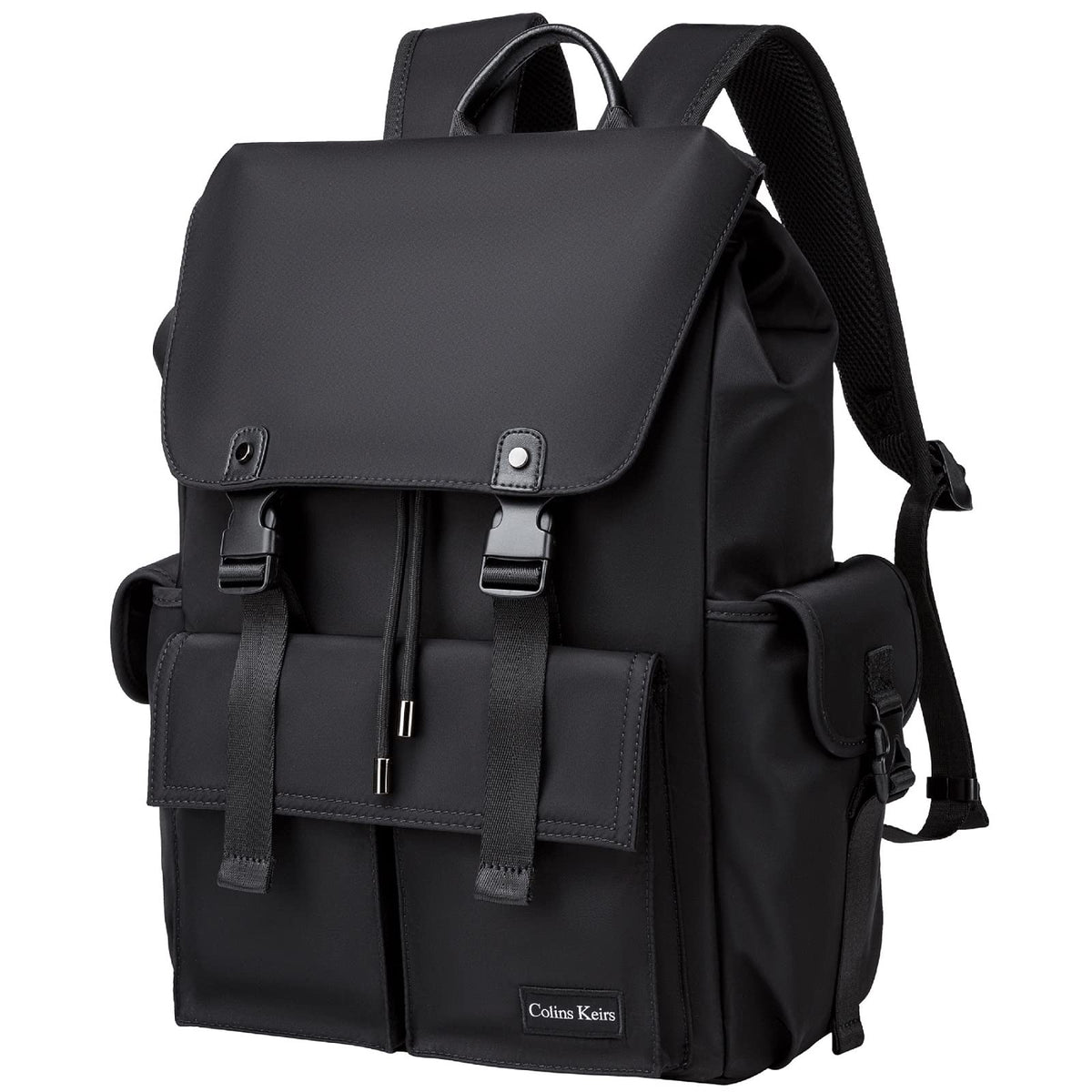 Colins Keirs Black Backpack for Men, 16 Inch Laptop Backpack with Computer Compartment, Slim Waterproof Drawstring Tech Backpack for Travel, Work, College & Daily Use