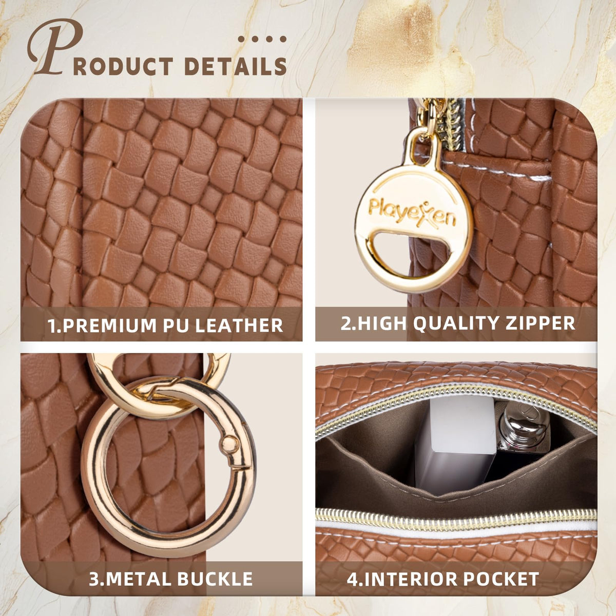 Playexen 5.5" Small Makeup Bag for Purse, PU Leather Mini Cosmetics Bag with Ring Buckle, Portable Small Travel Makeup Pouch for Women, Birthday/Wedding/Christmas Gifts (Brown)