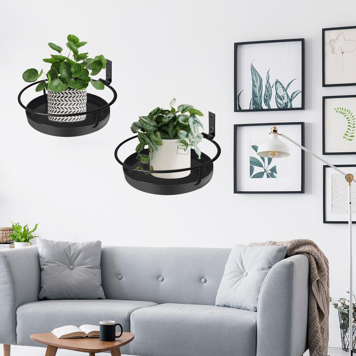 Wall Mounted Plant Holder, 2 Pack Metal Flower Pot Wall Shelf Indoor Outdoor, Decorative Floating Shelves Hanging Plant Holder for Patio Balcony Porch Bedroom Home Decor, Black