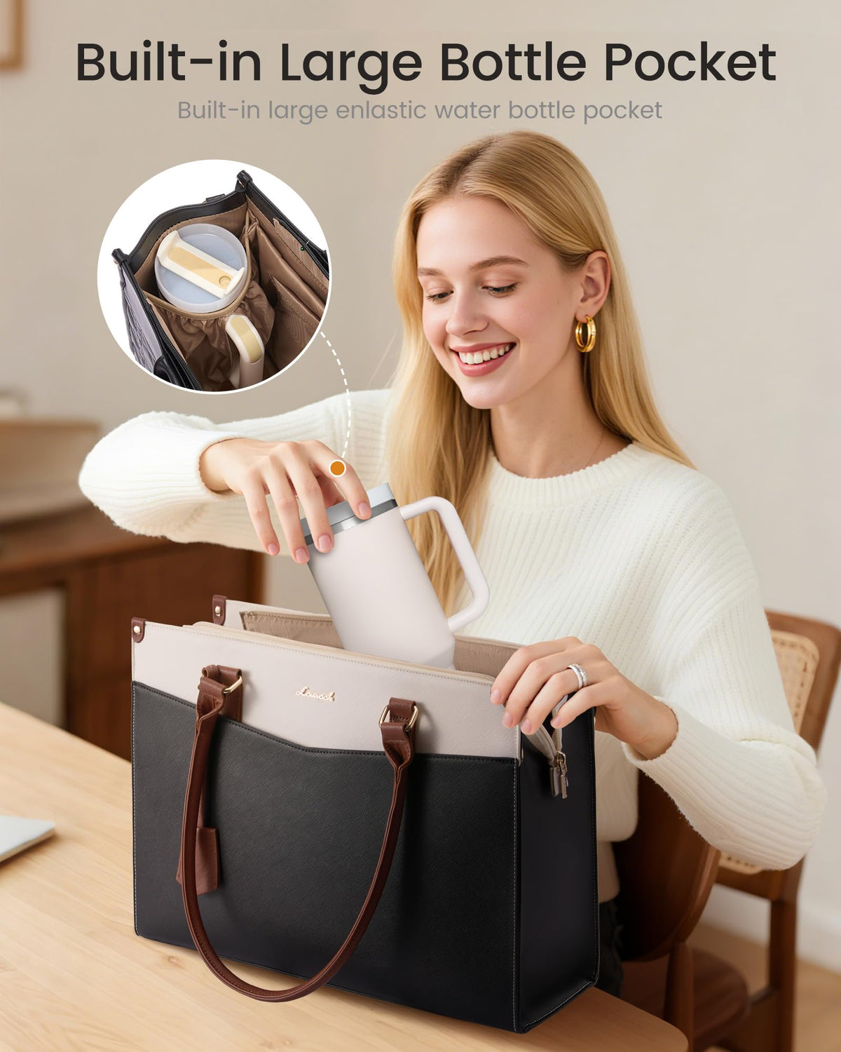 LOVEVOOK Laptop Bag for Women 15.6 inch, 2-in-1 Leather Structured Briefcase with Compartments and Clutch, Large Capacity Waterproof Multi Pocket Tote Bag, Brown