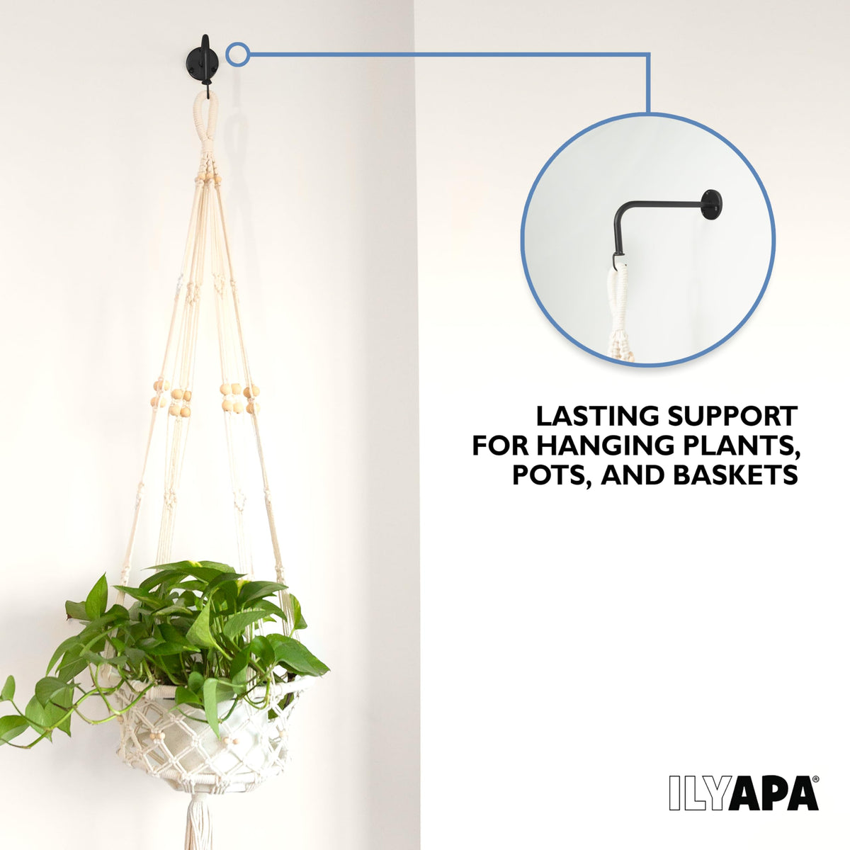 Ilyapa 4 Pack Metal Plant Wall Hanger Hooks - 7 in. Hook for Hanging, Baskets, and Macrame, Indoor Hangers in Matte Black Finish, Wall Planters