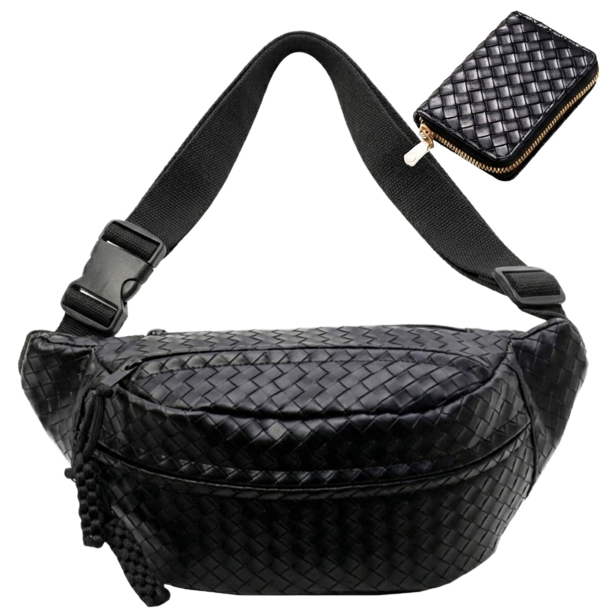 Woven PU Leather Fanny Packs for Men and Women, Stylish Shoulder Sling Crossbody Purse Adjustable Strap, Unisex Bum Waist Bags for Festival Travel Shopping Outdoor (Black, Medium)