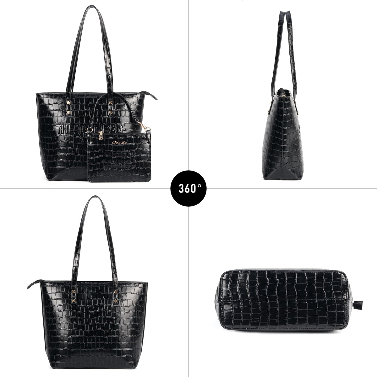 Chinllo Tote Bag for Women, Large Crocodile Top Handle Handbags Purse Set with Clutch Bag (Dc.Black)