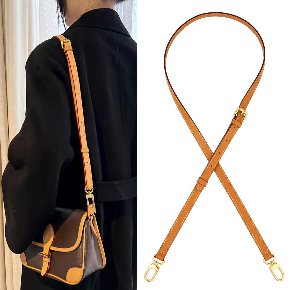 YAZHIMI Vachetta Leather purse strap Genuine Leather Adjustable Replacement Strap for Shoulder Bag Handbag Purse (Honey brown-leather purse strap)