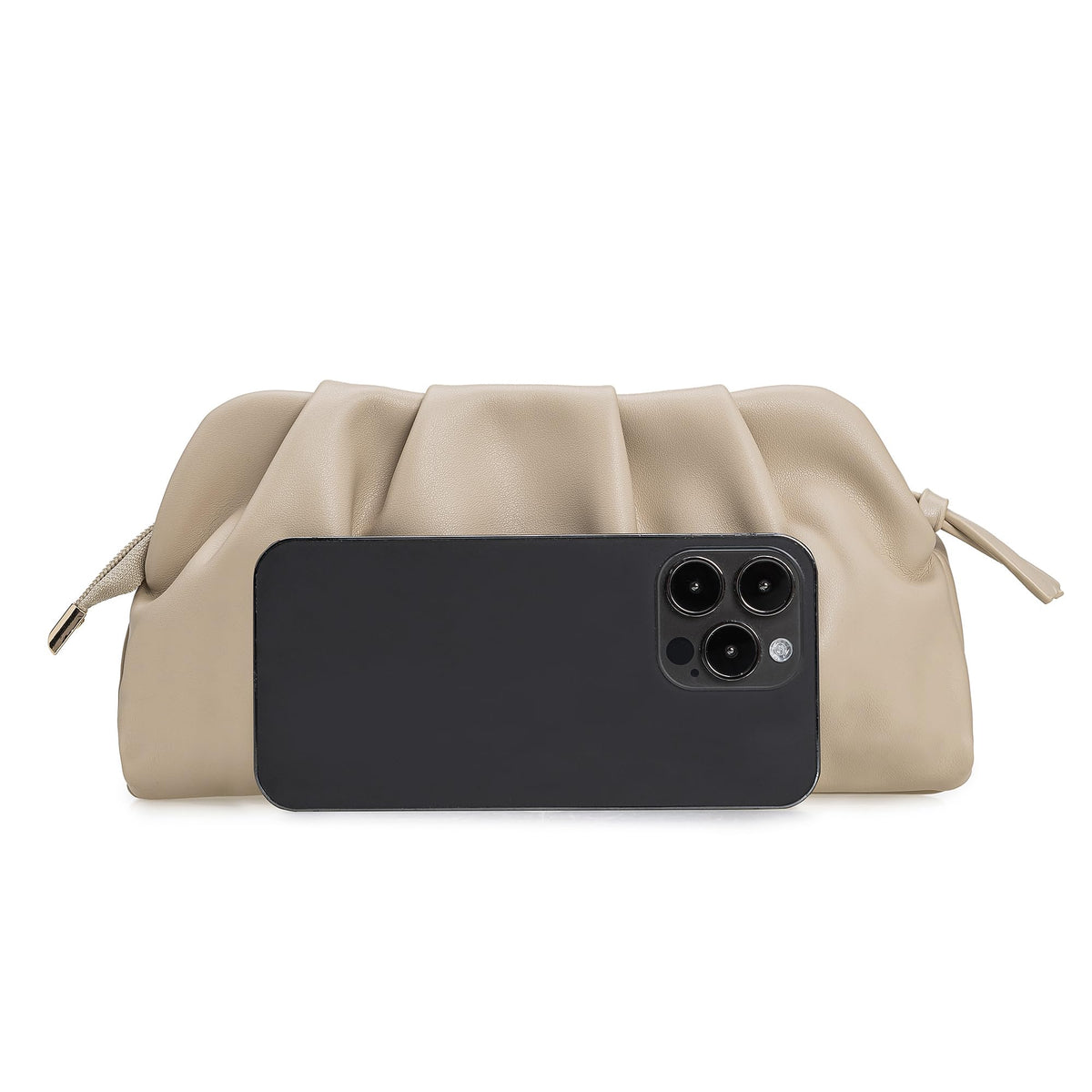 CHARMING TAILOR Chic Soft Vegan Leather Clutch Bag Dressy Pleated PU Evening Purse for Women (Beige)