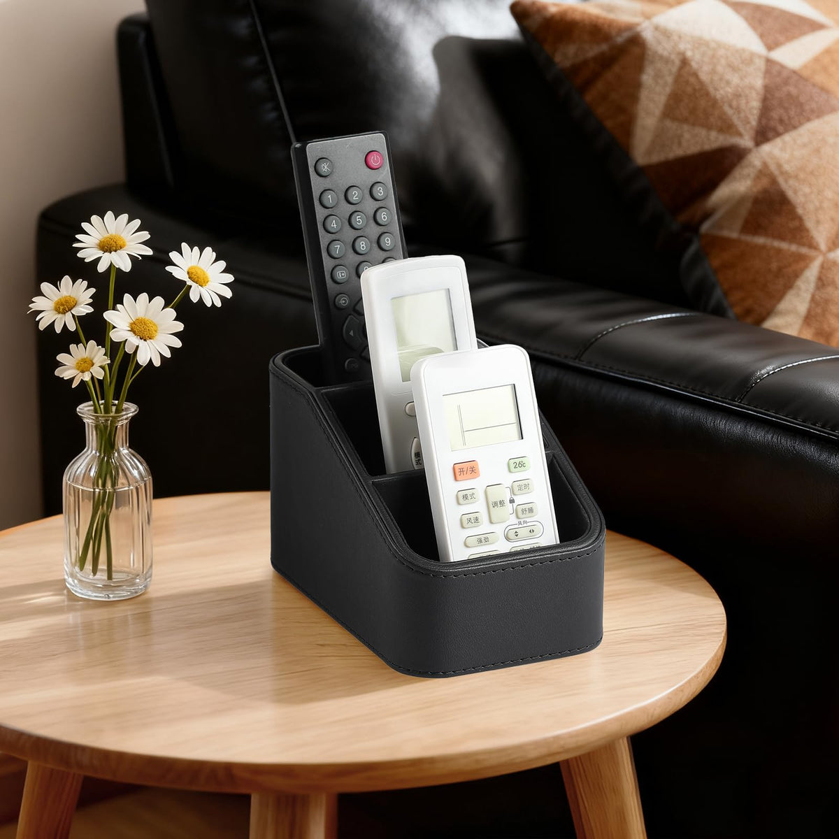NICLNGSH PU Leather Remote Control Holder, Small Desk Organizer Office Supply Bedside Caddy for Nightstand End Table Couch, Pen Remote Organizer with 3 Compartments (Black)