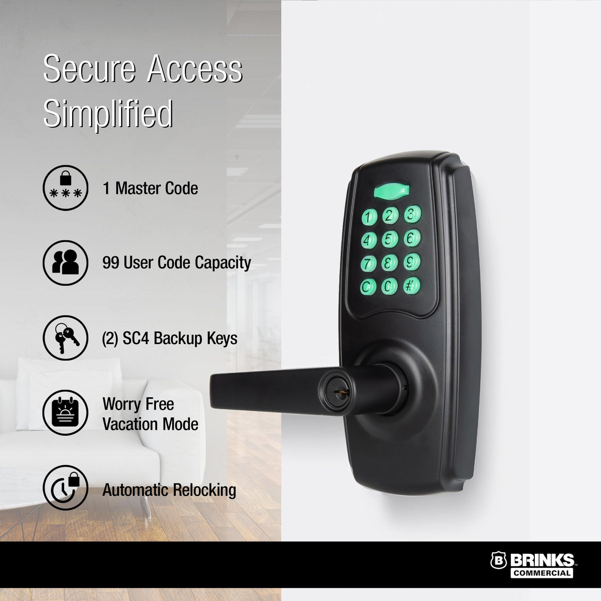 BRINKS ANSI Grade 2 Keypad Door Lock with Handle for Commercial & Residential Use, Keyless Entry Door Lock, 99 User Codes, Auto-Relock, Battery with Backup Keyway