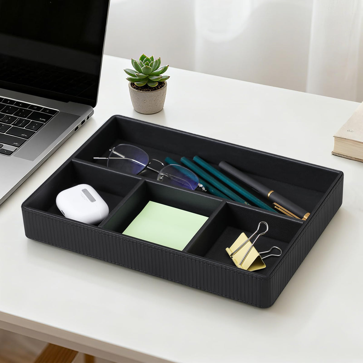 NICLNGSH PU Leather Valet Tray, Decorative Trinket Vanity Desk Drawer Organizer Tray, Perfume Dish Catch All Bowl for Keys, Nightstand Drawer Organizer Women Men with 4 Compartments (Black)