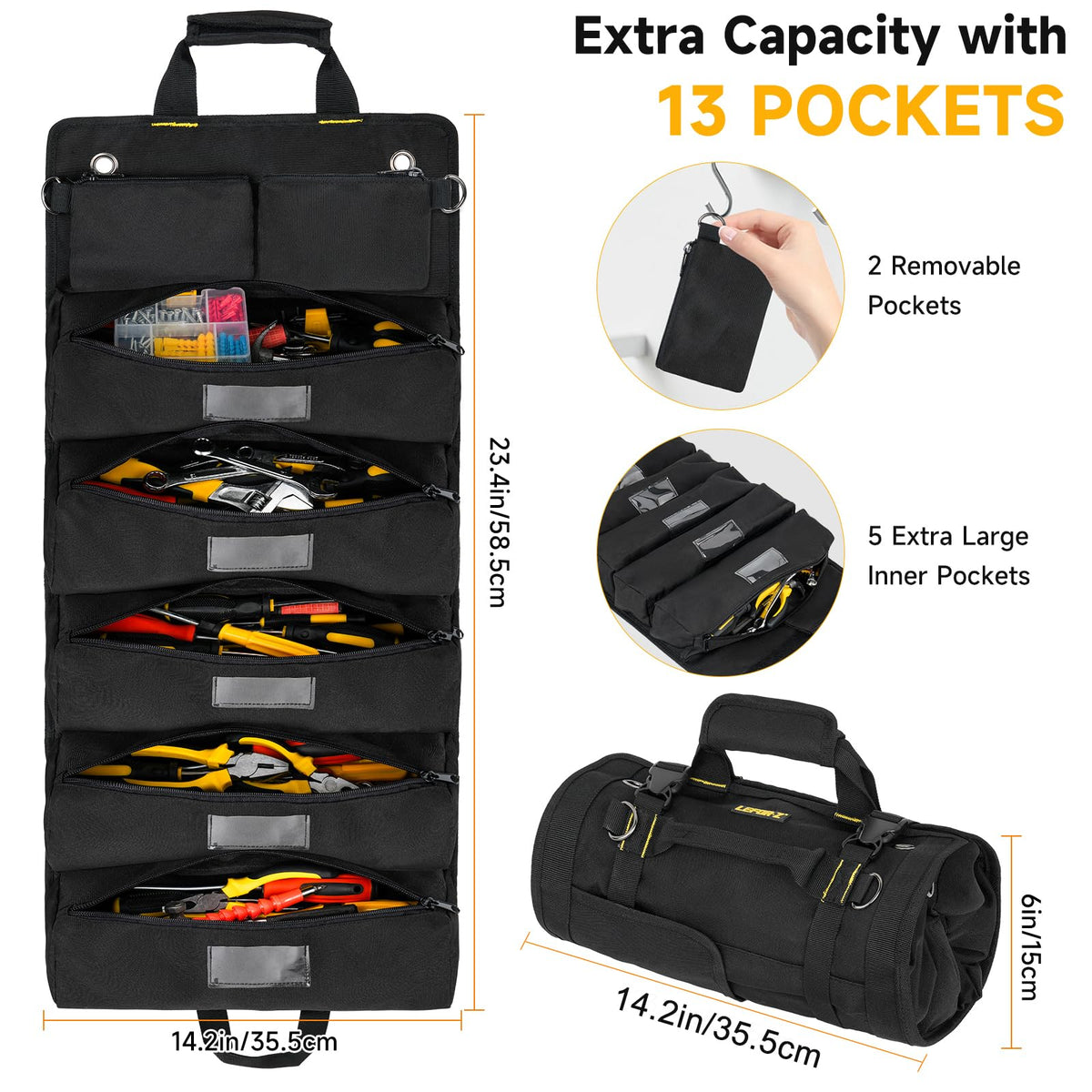 Tool Bag,Large Roll Up Tool Bag Organizer,13 Pockets Tool Roll Storage Pouch,Heavy Duty Portable Tool Storage Carrier Bag for Men,Mechanic,Electrician,Valentines Day Gifts for Men,Black