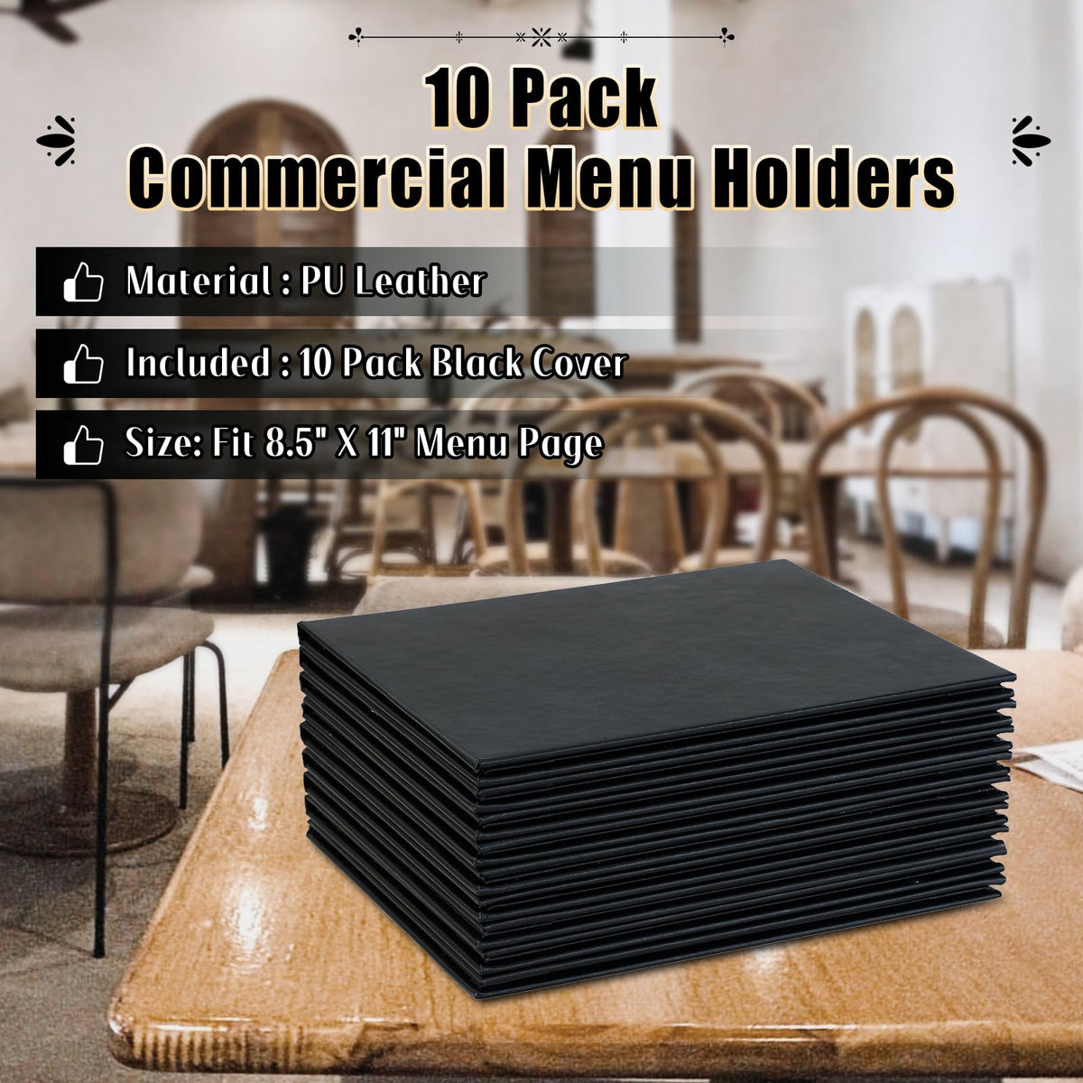 FLKQC Restaurant Menu Covers Holders 8.5 X 11, 10 Pack Synthetic Leather Menu Holder Covers Book Style with Angled Corners Black for Wine List, Certificate Organizer Diploma Holder (2 Page 2 View)