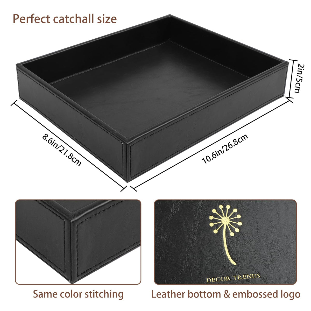 Leather Valet Organizer for Men – Black Catchall for Wallet, Keys, EDC, Jewelry, and Perfume – Nightstand, Dresser, and Bathroom Vanity Storage