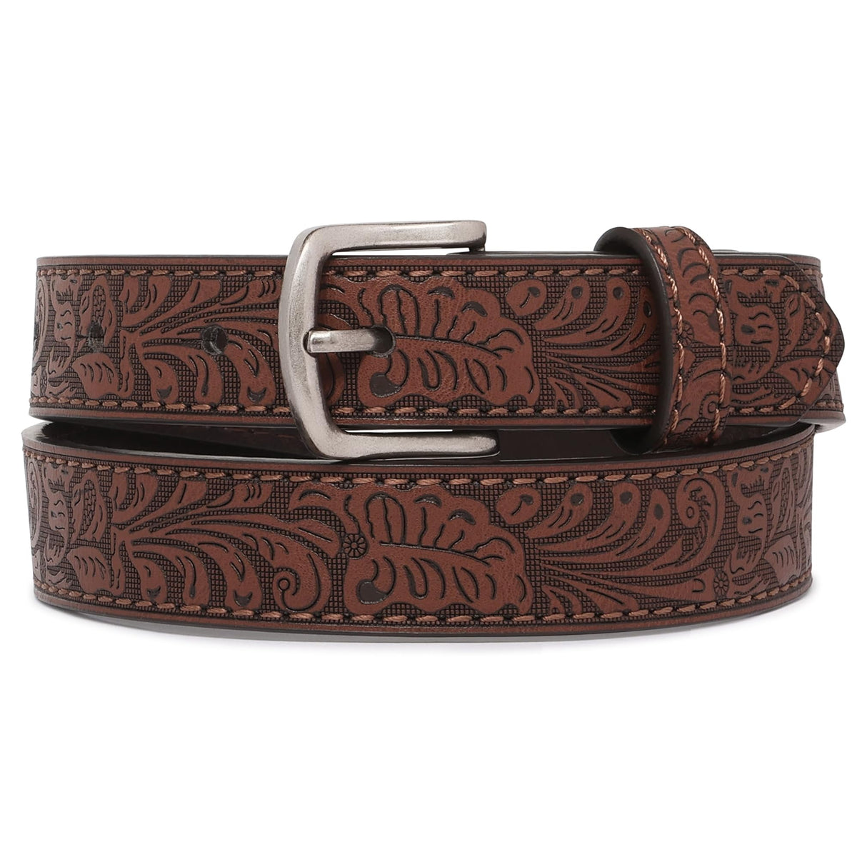 BC Belts Western Kids Leather Belt Strap and Metal Buckle 1" Wide with Snaps - Embossed Western Scrollwork Cowboy Country (Brown-S)