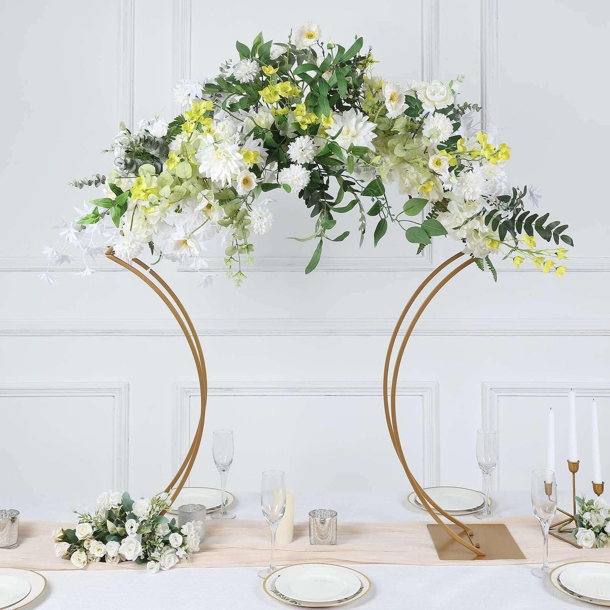 Efavormart 38" Gold Metal Floral Arch Frame Wedding Table Centerpiece Stand With Curvy Design, Large Table Display Or Aisle Prop
