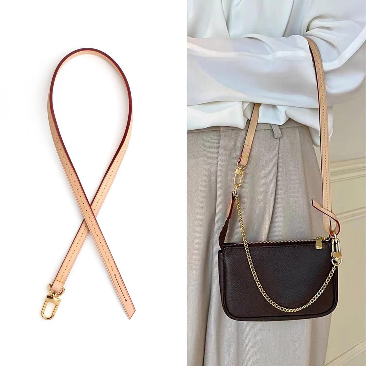 jiesinlov Genuine Vachetta Leather Replacement Bags Thin short Strap Shoulder Purse Straps for Multi Pochette Boulogne pouchette Montaigne Accessories 20INCH (0.39Width Single one Buckle 23.5Length)