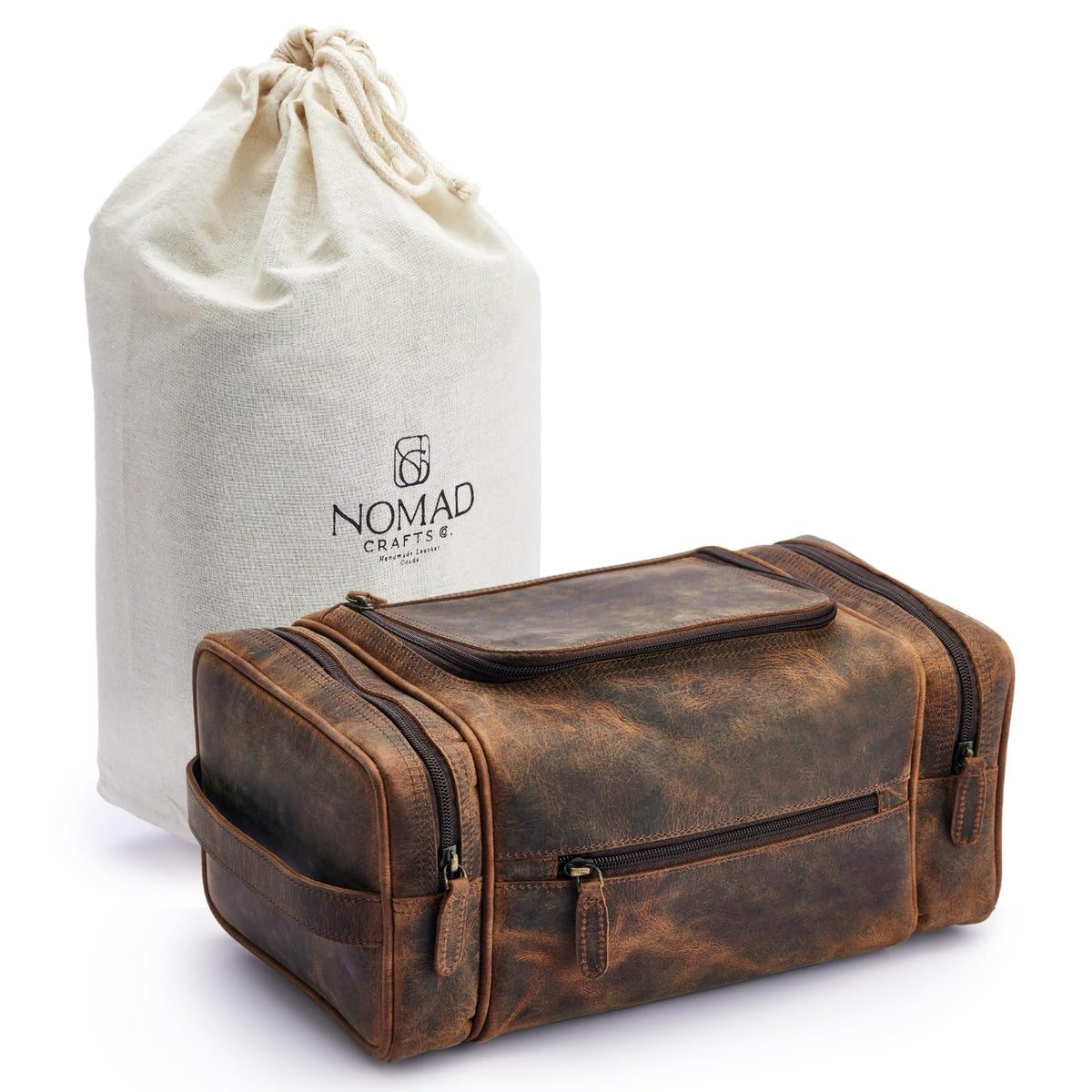 NomadCraftsCo. Extra Large Leather Toiletry Bag for Men - Premium Leather Men's Toiletry Bag for Travel, Dopp Kit, Pouch, Large Travel Organizer
