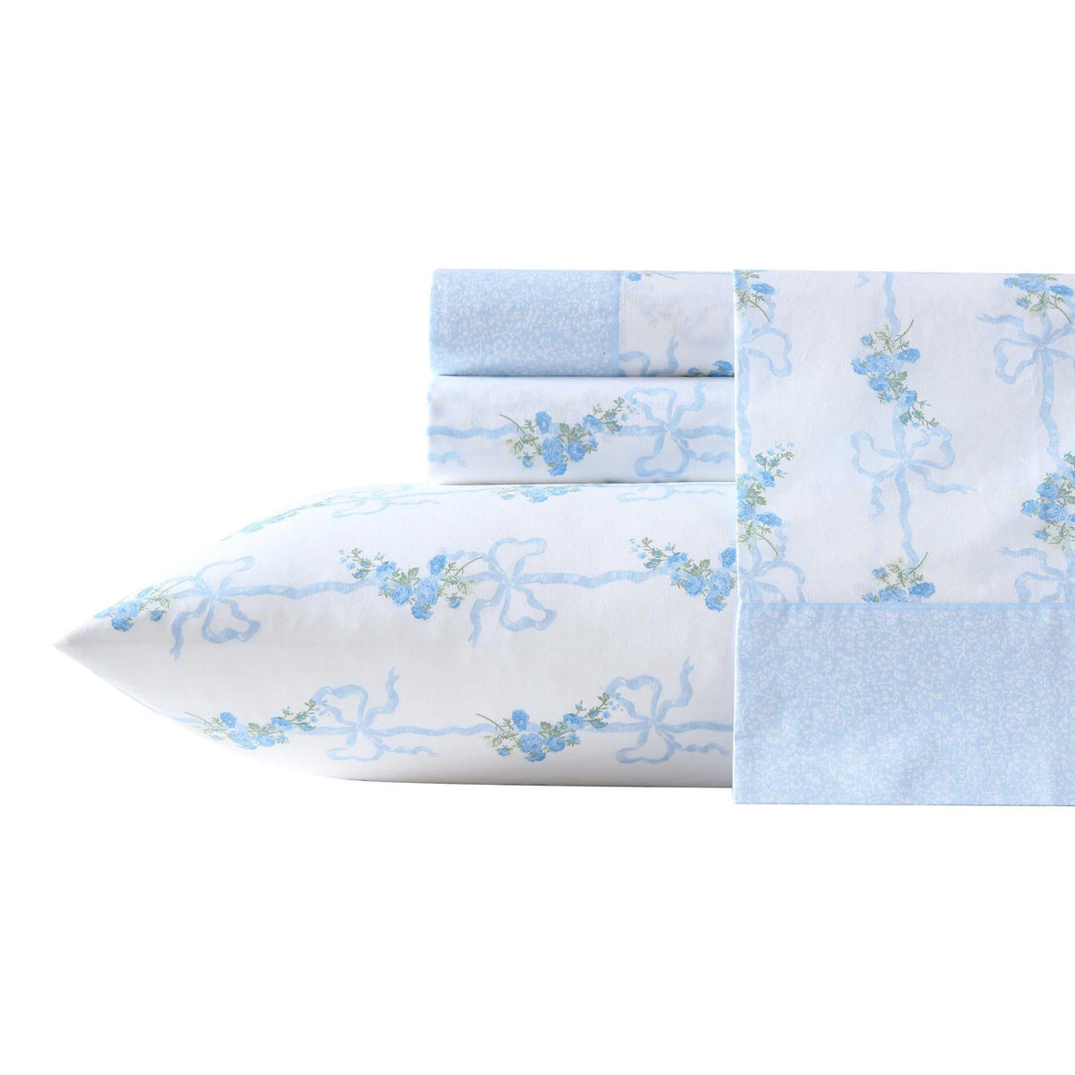 Laura Ashley - King Sheet Set, Soft & Breathable Cotton Percale Bedding with Deep Pocket, 200 Thread Count, Bed Sheets with Fitted Sheet & Matching Pillowcases (Floral Ribbon Blue)