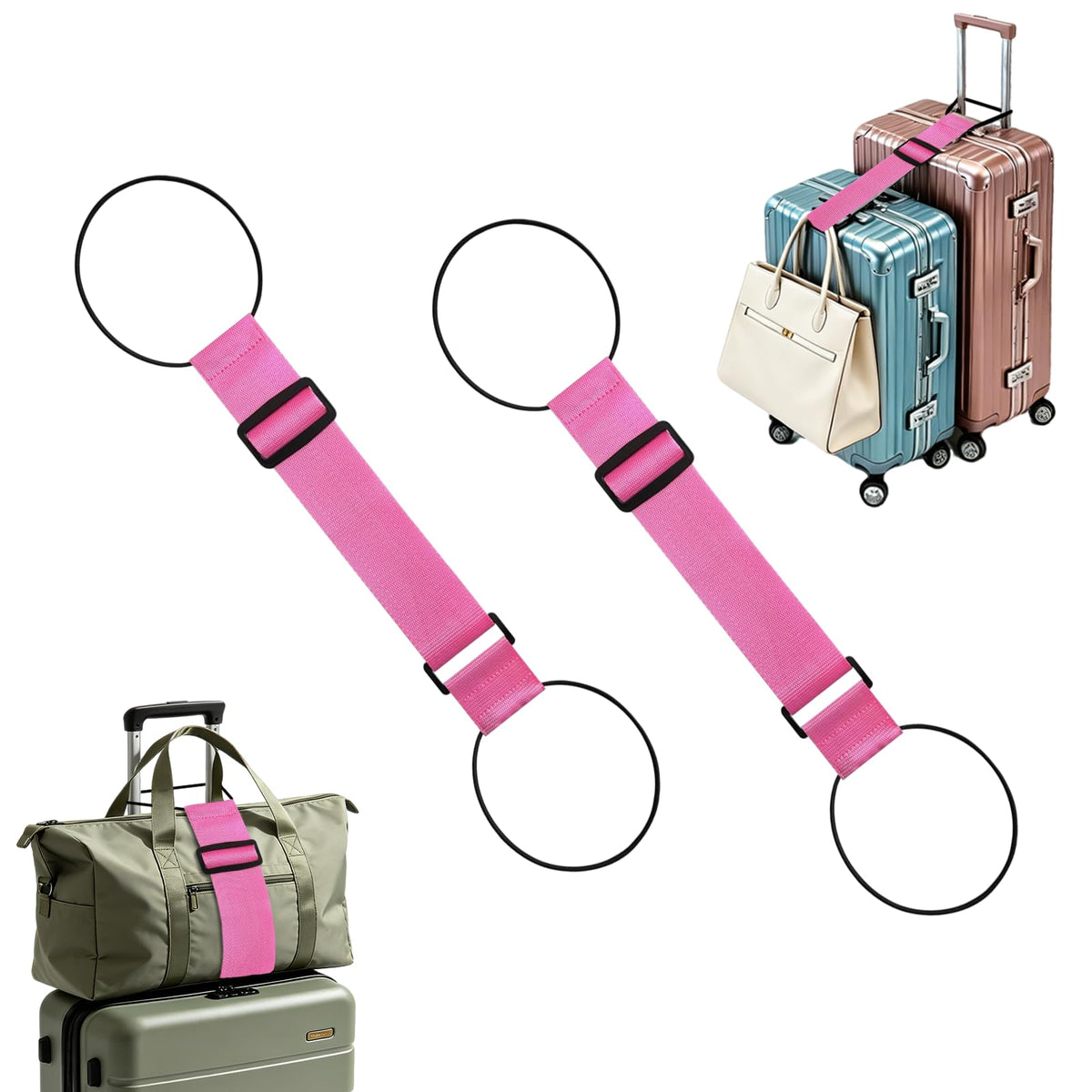 Luggage Straps for Suitcases, 2 Pack Adjustable Luggage Connector Straps, Multi-Use Elastic Straps with Buckles, Travel Straps for Luggage, Luggage Accessories(2 Pink Items)