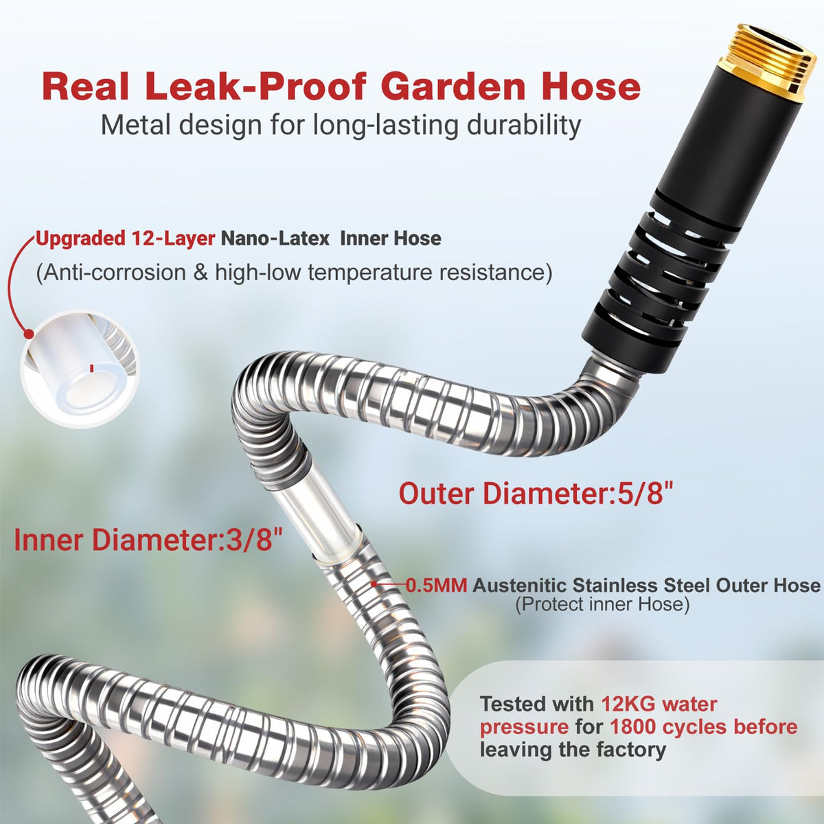 Lefree 100ft Metal Garden Hose - Heavy Duty 304 Stainless Steel Flexible Water Hose, No Kinks & Leak-Proof with Upgraded Handle, 10-Function Spray Nozzle & 4 Spare Gaskets for Yard, RV, Pet Bath