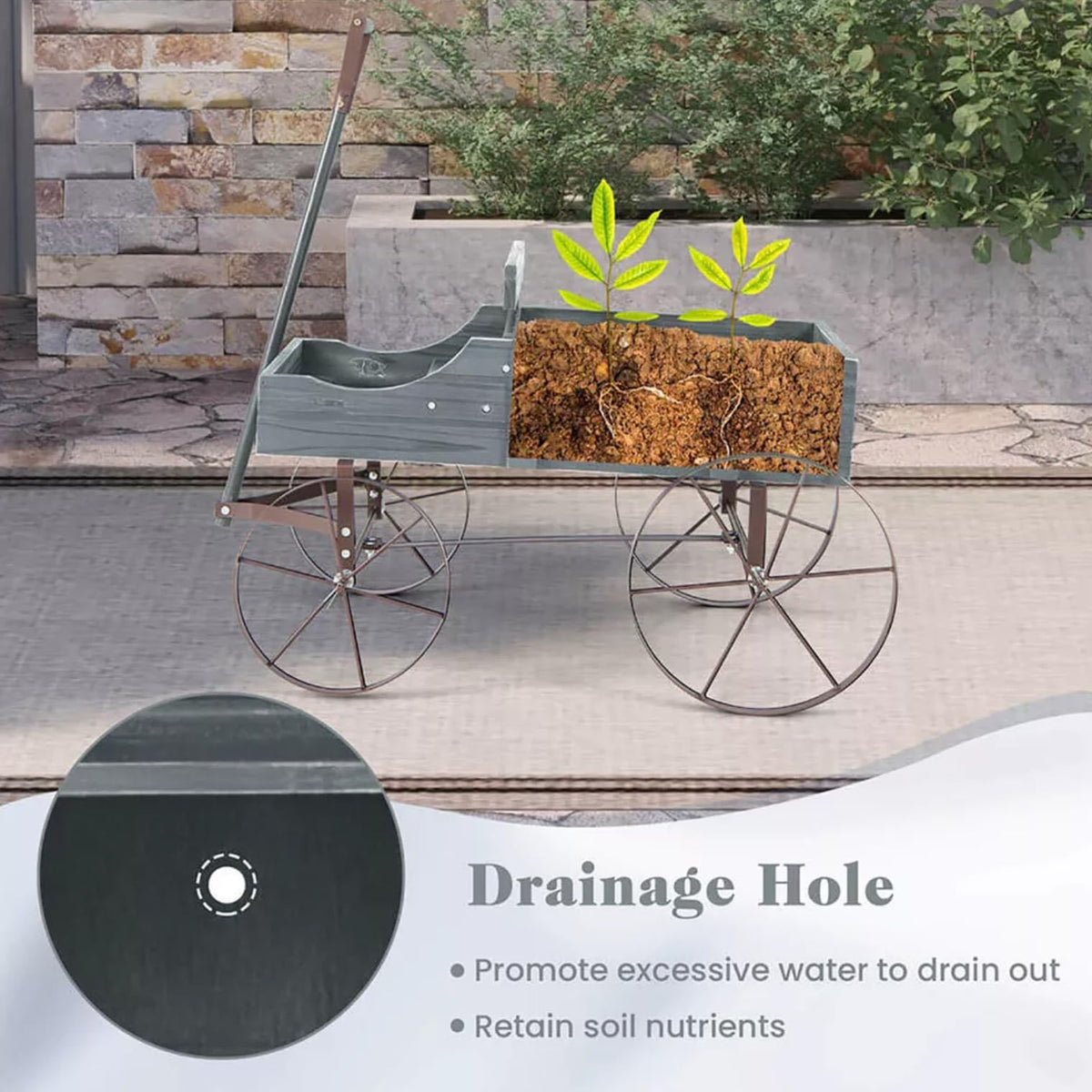 Wagon Planter, Decorative Wooden Garden Planter with Wheels, 2 Planting Sections and Adjustable Handle, Indoor Outdoor Backyard Balcony Decor (Grey)