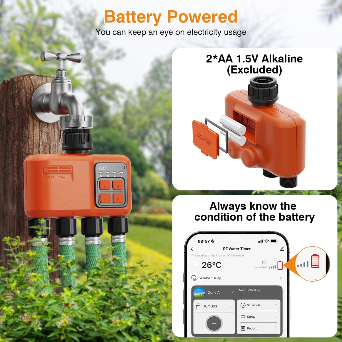 Smart WiFi Sprinkler Timer 4 Zone,WiFi Water Timer for Garden Hose with 984 FT Range,APP & Remote Control,Alexa & Google Voice Compatible,Rain Delay, Manual Mode Sprinkler System