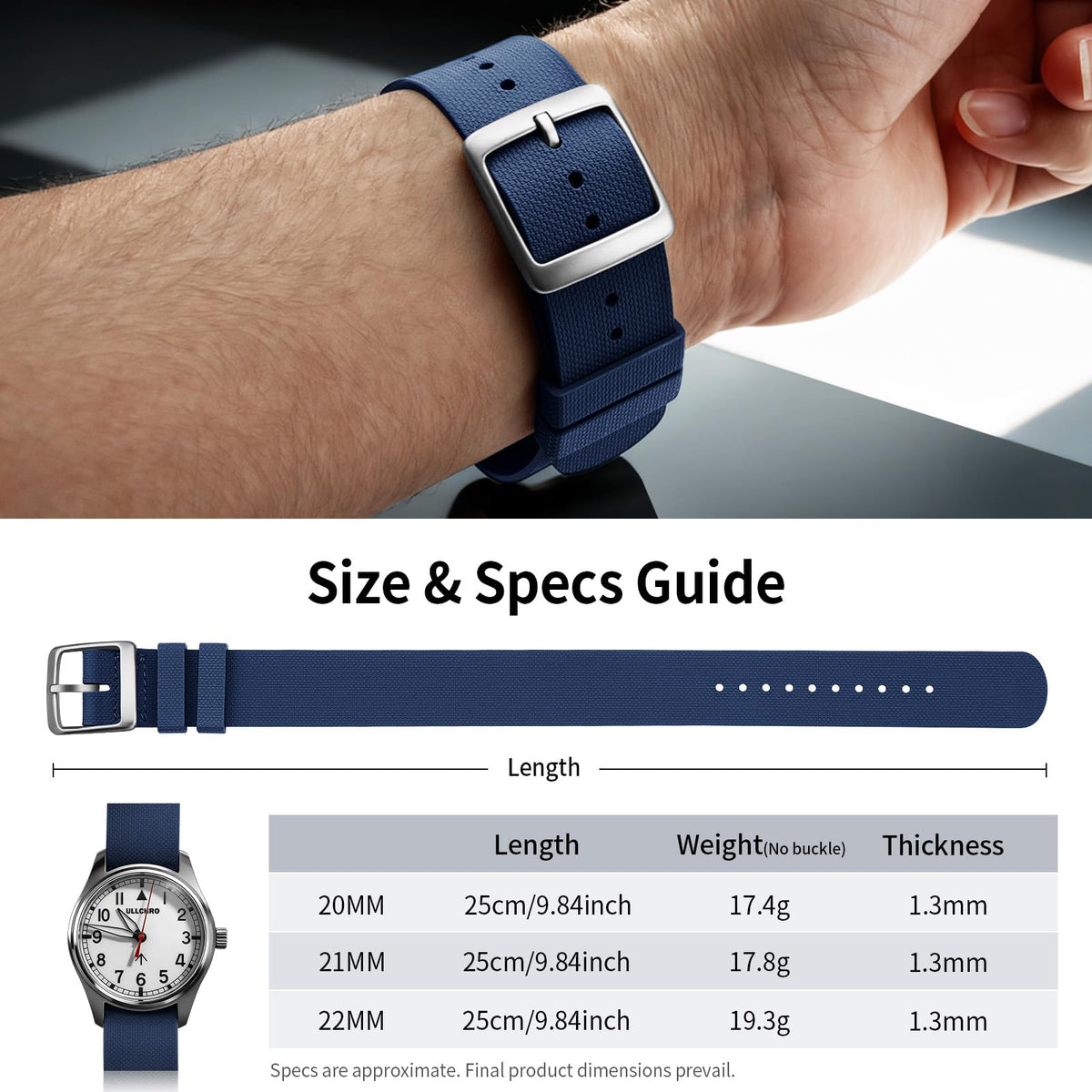 ULLCHRO Watch Strap FKM Rubber Watch Strap 20mm Waterproof Silicone Replacement Band 22mm, Soft Rubber for Man Watch Band (20mm, Navy Blue)